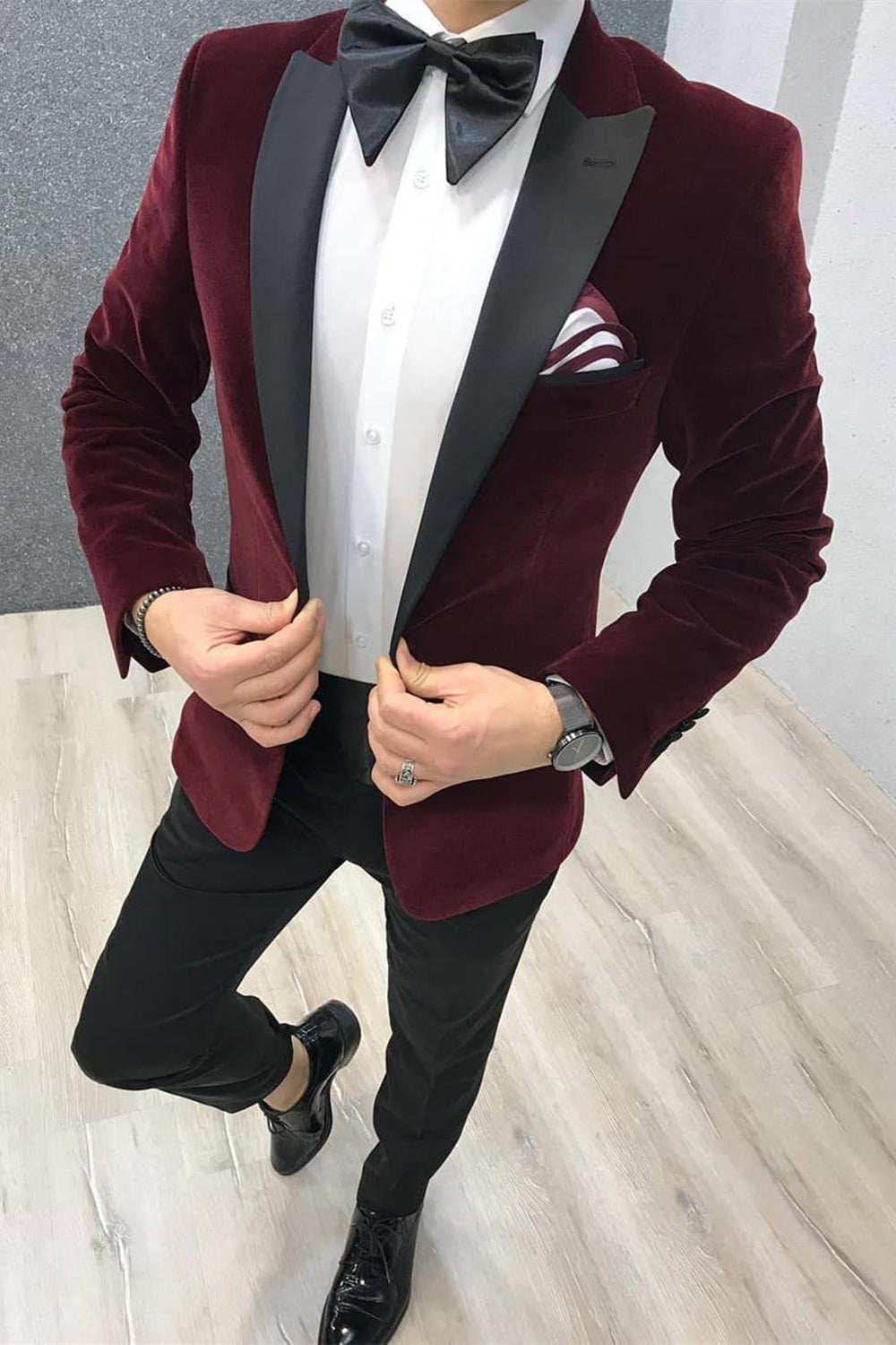 Elegant Slim Fit Burgundy Two-Piece Reception Suit with Velvet and Black Satin Peak Lapel