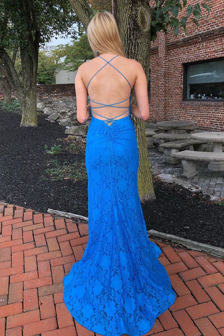Elegant Spaghetti Straps Open Back Mermaid Blue Long Prom Dress