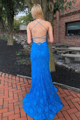 Elegant Spaghetti Straps Open Back Mermaid Blue Long Prom Dress