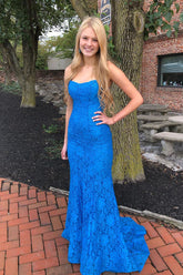 Elegant Spaghetti Straps Open Back Mermaid Blue Long Prom Dress