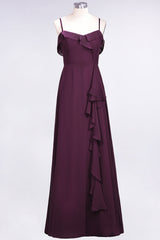 Elegant Spaghetti Straps Ruffle Burgundy Chiffon Dresses Affordable-Babyonlines