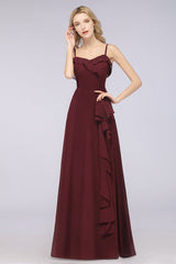 Elegant Spaghetti Straps Ruffle Burgundy Chiffon Dresses Affordable-Babyonlines