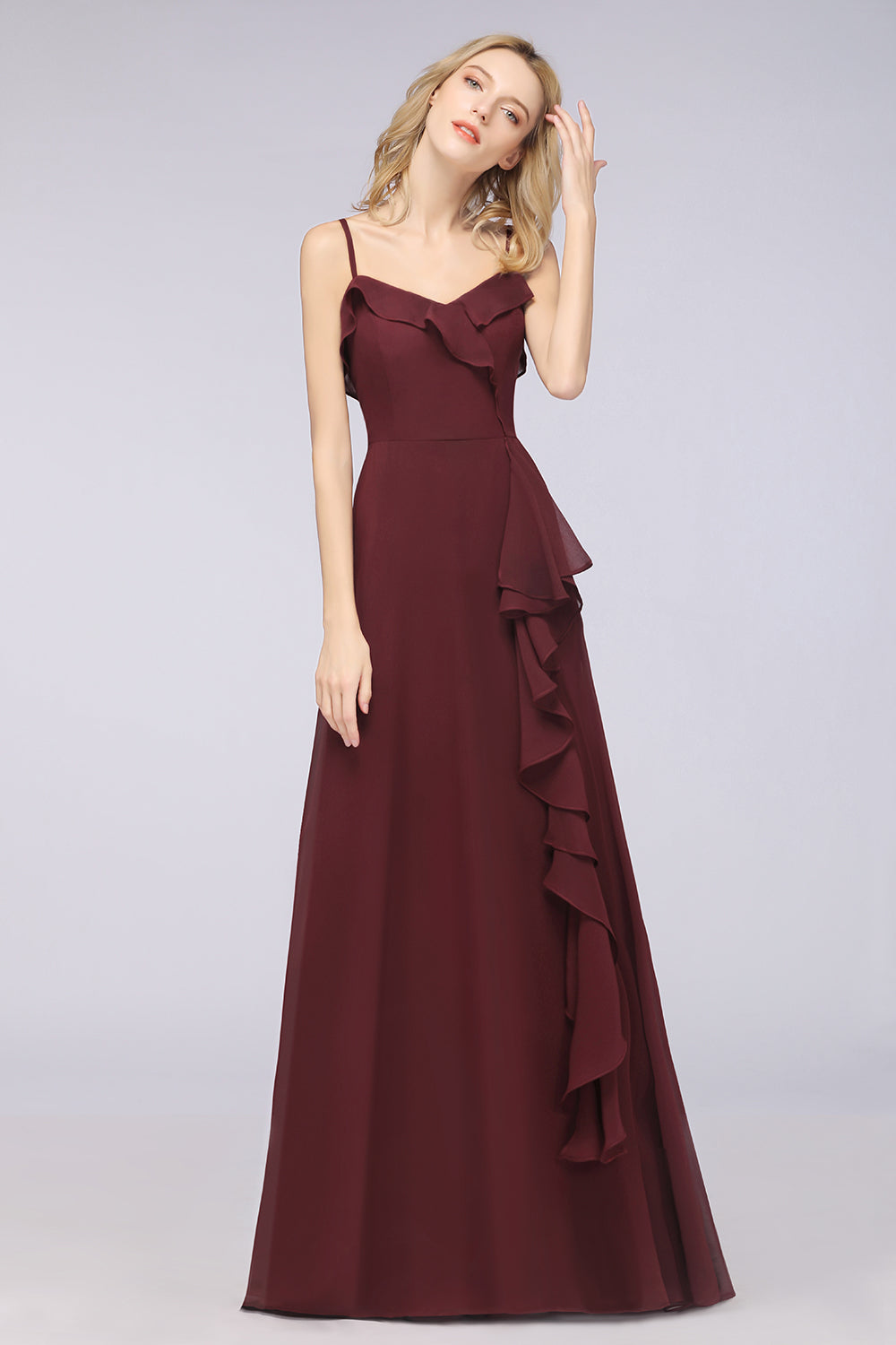 Elegant Spaghetti Straps Ruffle Burgundy Chiffon Dresses Affordable-Babyonlines