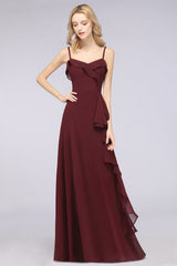 Elegant Spaghetti Straps Ruffle Burgundy Chiffon Dresses Affordable-Babyonlines
