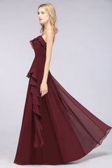 Elegant Spaghetti Straps Ruffle Burgundy Chiffon Dresses Affordable-Babyonlines
