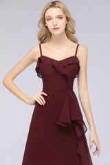 Elegant Spaghetti Straps Ruffle Burgundy Chiffon Dresses Affordable-Babyonlines