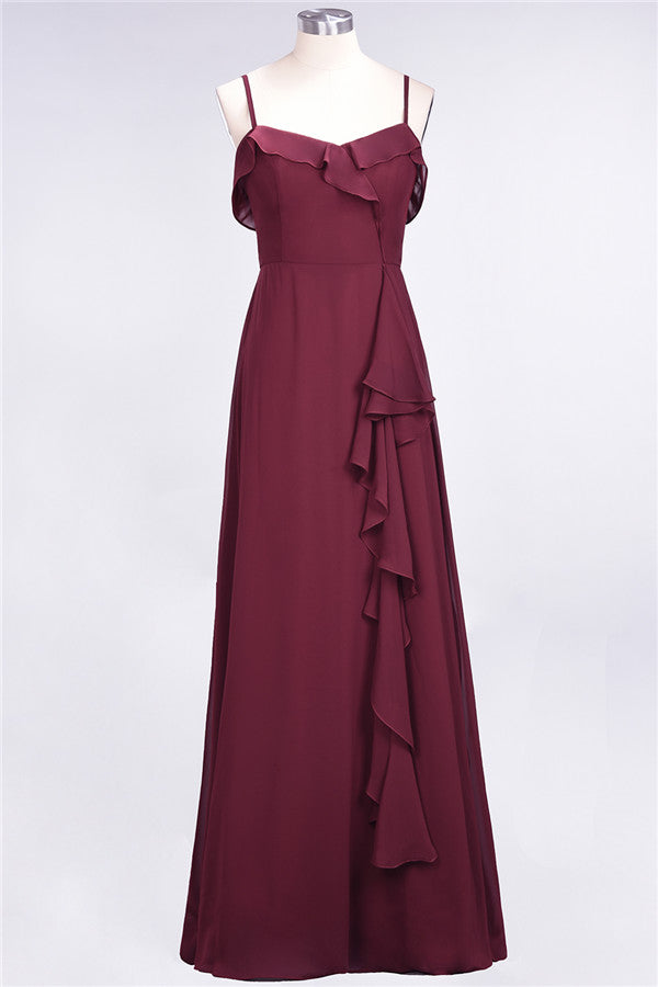 Elegant Spaghetti Straps Ruffle Burgundy Chiffon Dresses Affordable-Babyonlines