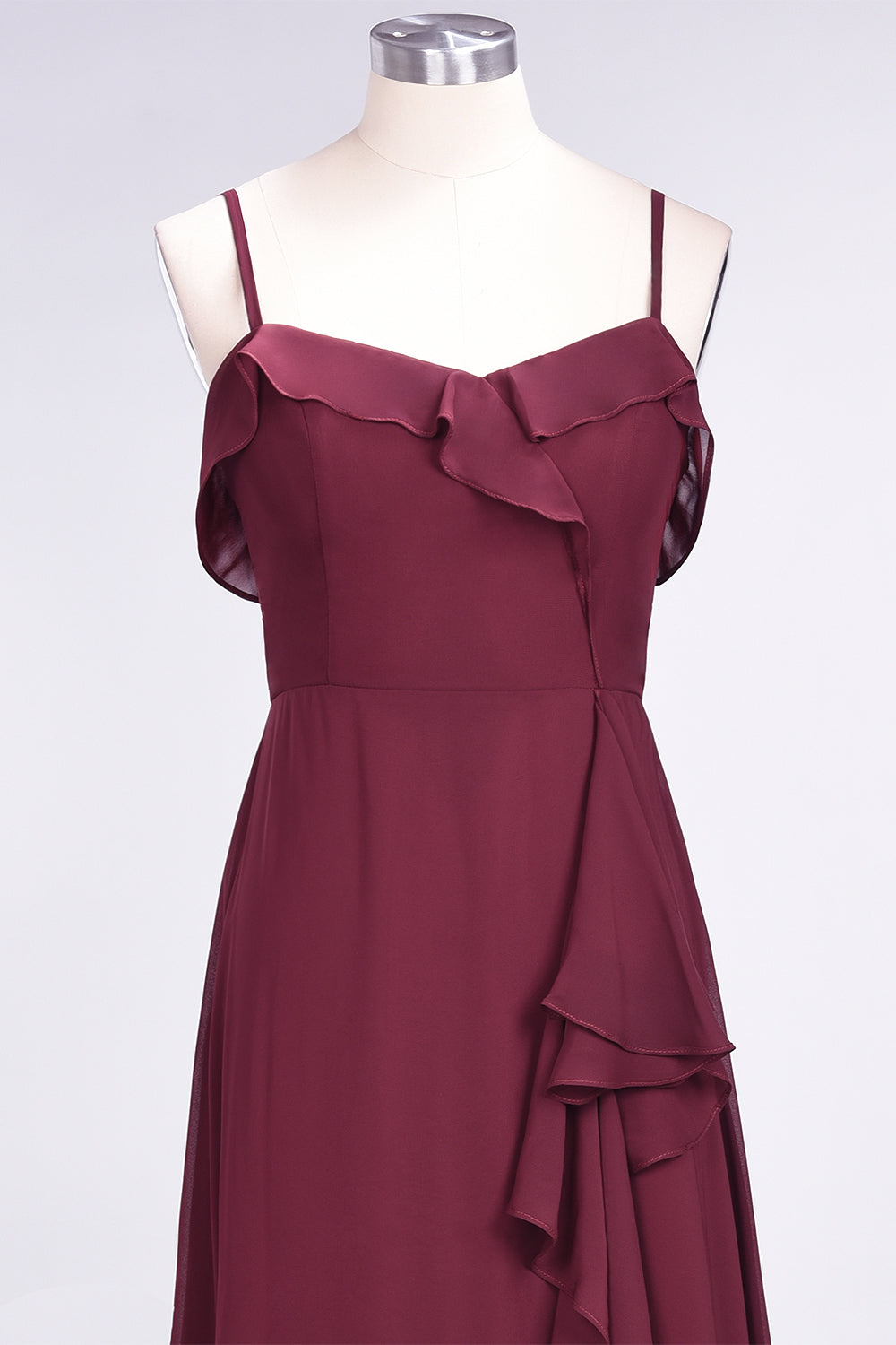 Elegant Spaghetti Straps Ruffle Burgundy Chiffon Dresses Affordable-Babyonlines