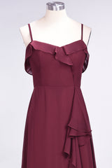 Elegant Spaghetti Straps Ruffle Burgundy Chiffon Dresses Affordable-Babyonlines