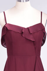 Elegant Spaghetti Straps Ruffle Burgundy Chiffon Dresses Affordable-Babyonlines
