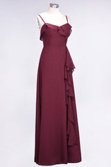 Elegant Spaghetti Straps Ruffle Burgundy Chiffon Dresses Affordable-Babyonlines