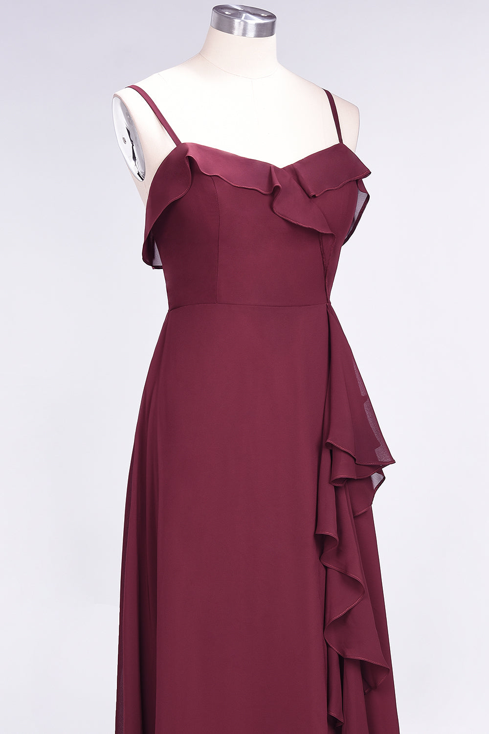 Elegant Spaghetti Straps Ruffle Burgundy Chiffon Dresses Affordable-Babyonlines