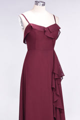 Elegant Spaghetti Straps Ruffle Burgundy Chiffon Dresses Affordable-Babyonlines