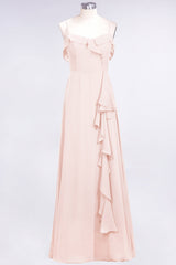 Elegant Spaghetti Straps Ruffle Burgundy Chiffon Dresses Affordable-Babyonlines