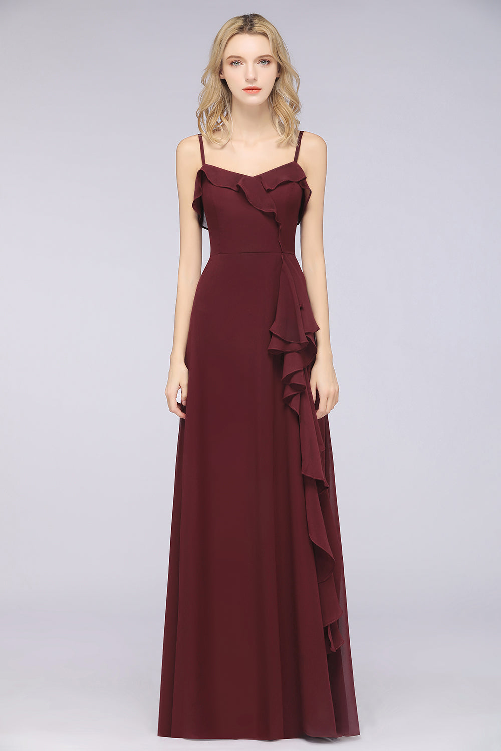 Elegant Spaghetti Straps Ruffle Burgundy Chiffon Dresses Affordable-Babyonlines