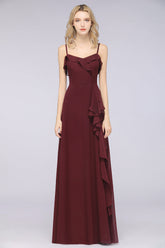 Elegant Spaghetti Straps Ruffle Burgundy Chiffon Dresses Affordable-Babyonlines