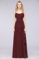 Elegant Spaghetti Straps Ruffle Burgundy Chiffon Dresses Affordable-Babyonlines