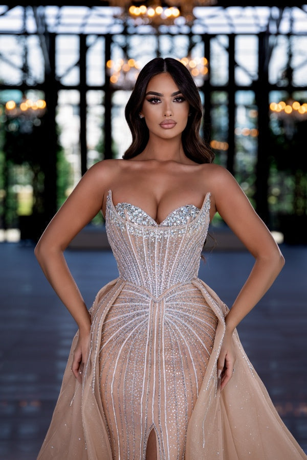 Long Strapless Mermaid Detachable Train Evening Formal Dresses with Front Slit