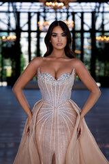 Long Strapless Mermaid Detachable Train Evening Formal Dresses with Front Slit