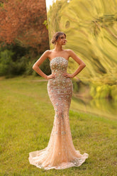 Elegant Long Mermaid Strapless Tulle Beading Formal Prom Dresses