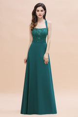 Elegant Straps Peacock Chiffon Appliques Bridesmaid Dress Sleeveless On Sale-Babyonlines