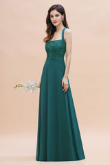 Elegant Straps Peacock Chiffon Appliques Bridesmaid Dress Sleeveless On Sale-Babyonlines
