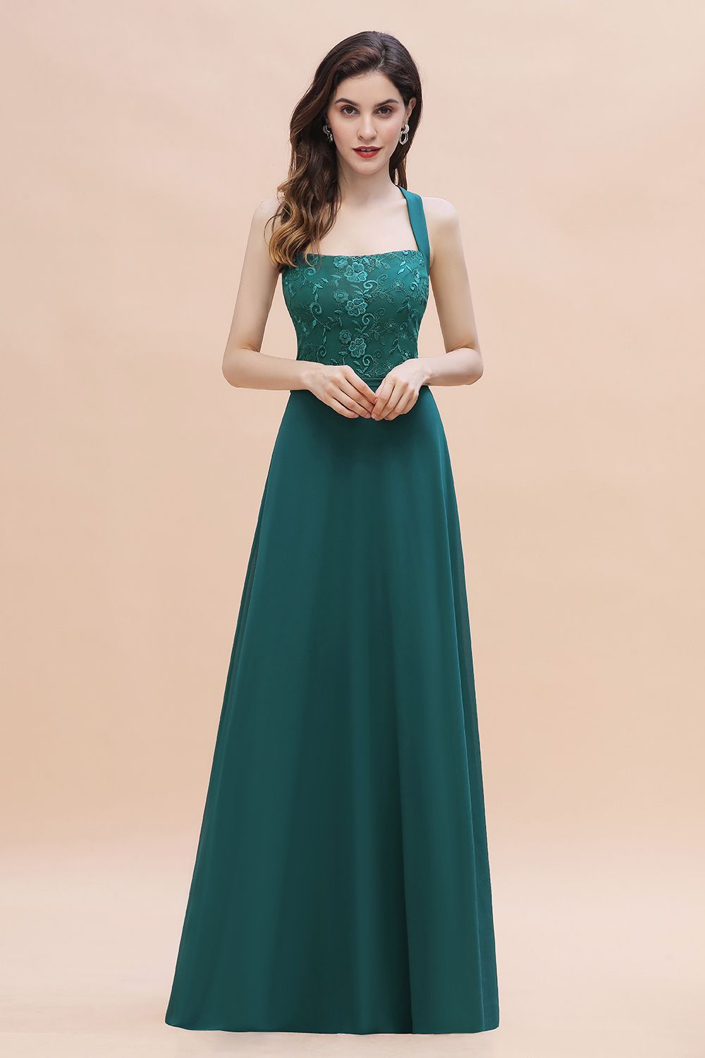 Elegant Straps Peacock Chiffon Appliques Bridesmaid Dress Sleeveless On Sale-Babyonlines