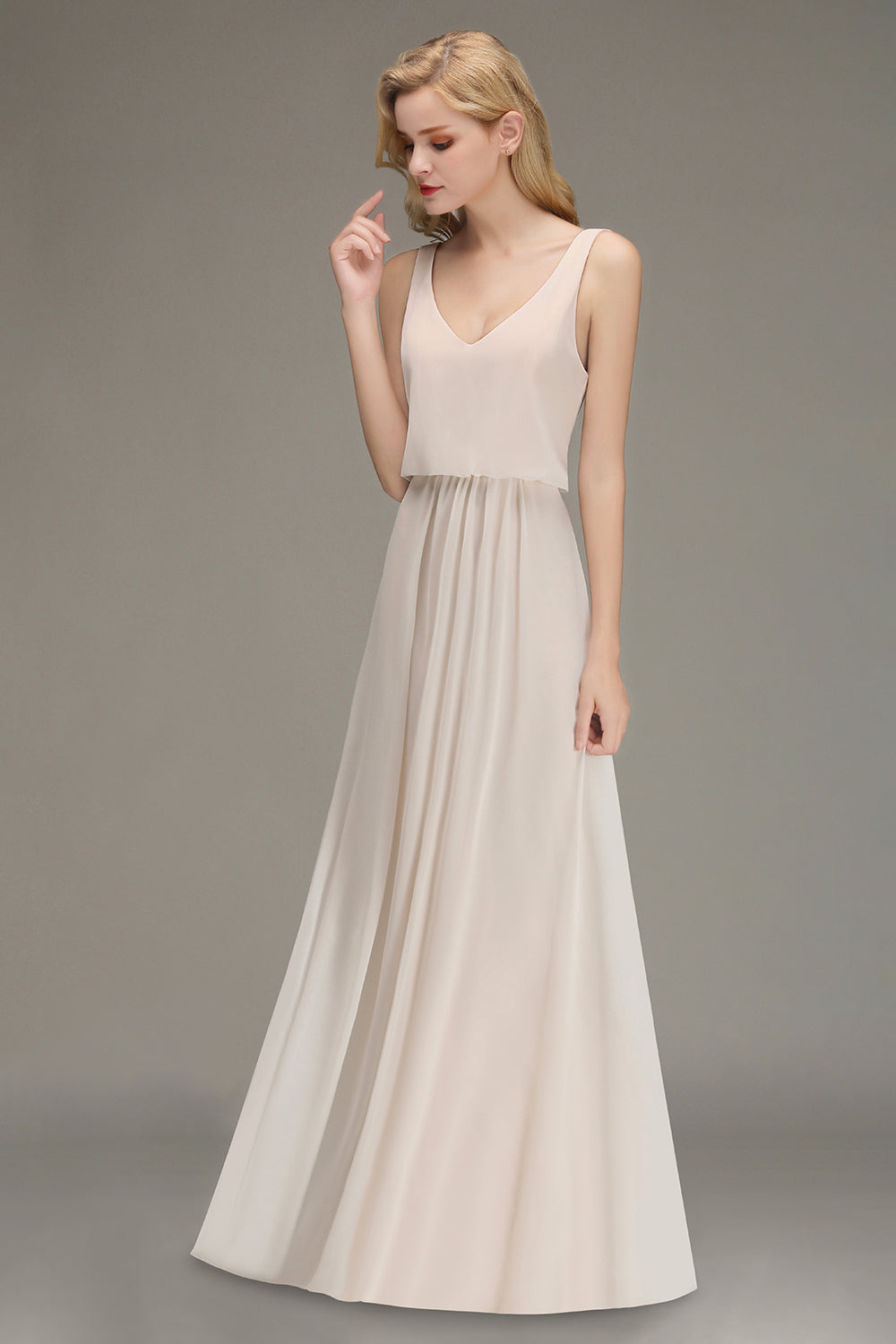 Elegant Straps V-Neck Long Affordable Bridesmaid Dresses with Ruffle-Babyonlines