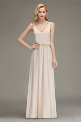 Elegant Straps V-Neck Long Affordable Bridesmaid Dresses with Ruffle-Babyonlines