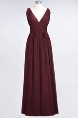 Elegant V-Neck Burgundy Chiffon Affordable Bridesmaid Dress with Ruffle-Babyonlines