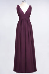 Elegant V-Neck Burgundy Chiffon Affordable Bridesmaid Dress with Ruffle-Babyonlines