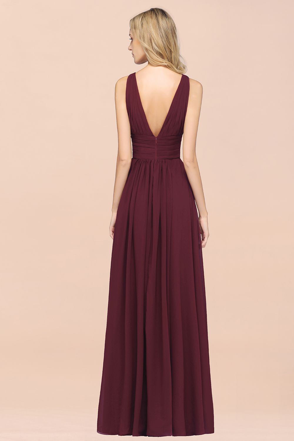 Elegant V-Neck Burgundy Chiffon Affordable Bridesmaid Dress with Ruffle-Babyonlines
