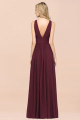 Elegant V-Neck Burgundy Chiffon Affordable Bridesmaid Dress with Ruffle-Babyonlines