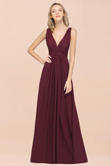 Elegant V-Neck Burgundy Chiffon Affordable Bridesmaid Dress with Ruffle-Babyonlines