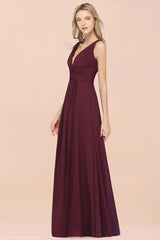 Elegant V-Neck Burgundy Chiffon Affordable Bridesmaid Dress with Ruffle-Babyonlines