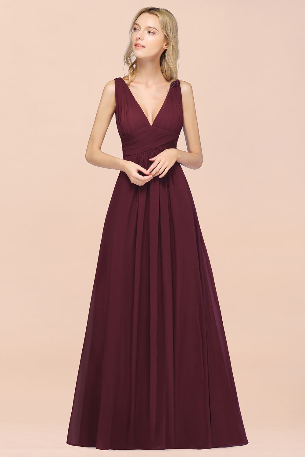 Elegant V-Neck Burgundy Chiffon Affordable Bridesmaid Dress with Ruffle-Babyonlines
