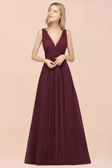 Elegant V-Neck Burgundy Chiffon Affordable Bridesmaid Dress with Ruffle-Babyonlines