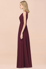 Elegant V-Neck Burgundy Chiffon Affordable Bridesmaid Dress with Ruffle-Babyonlines
