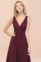 Elegant V-Neck Burgundy Chiffon Affordable Bridesmaid Dress with Ruffle-Babyonlines