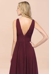 Elegant V-Neck Burgundy Chiffon Affordable Bridesmaid Dress with Ruffle-Babyonlines