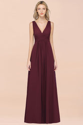 Elegant V-Neck Burgundy Chiffon Affordable Bridesmaid Dress with Ruffle-Babyonlines