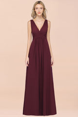 Elegant V-Neck Burgundy Chiffon Affordable Bridesmaid Dress with Ruffle-Babyonlines