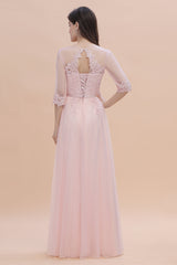 Elegant V-neck Half Sleeves Lace Pink Bridesmaid Dress On Sale-Babyonlines