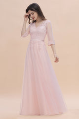 Elegant V-neck Half Sleeves Lace Pink Bridesmaid Dress On Sale-Babyonlines