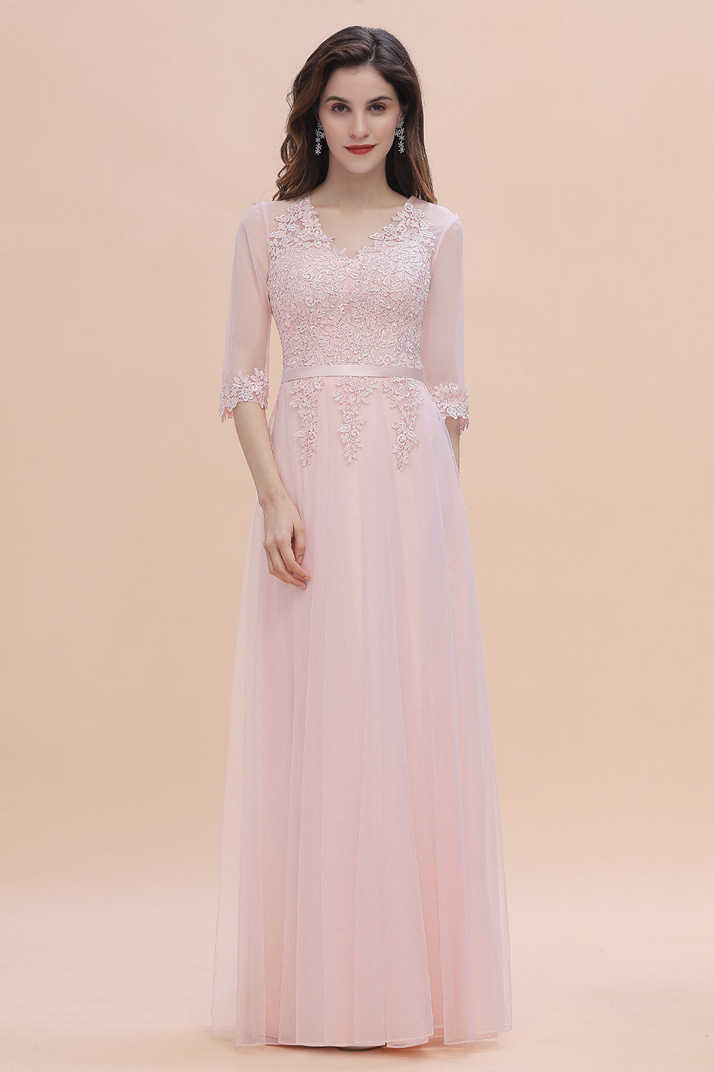 Elegant V-neck Half Sleeves Lace Pink Bridesmaid Dress On Sale-Babyonlines