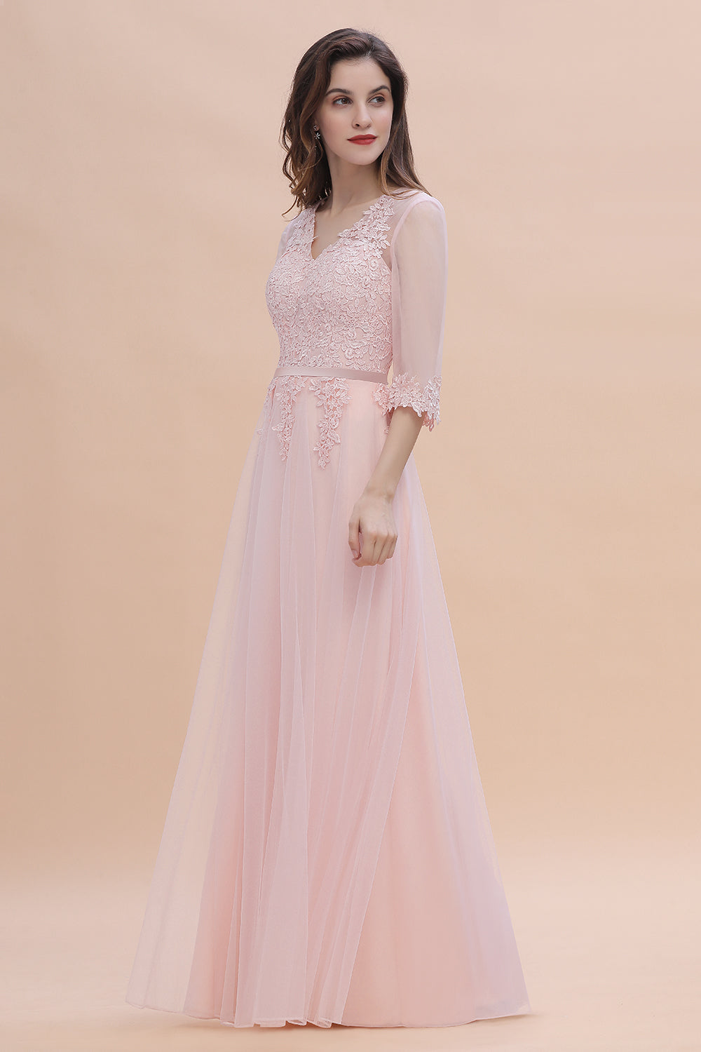 Elegant V-neck Half Sleeves Lace Pink Bridesmaid Dress On Sale-Babyonlines