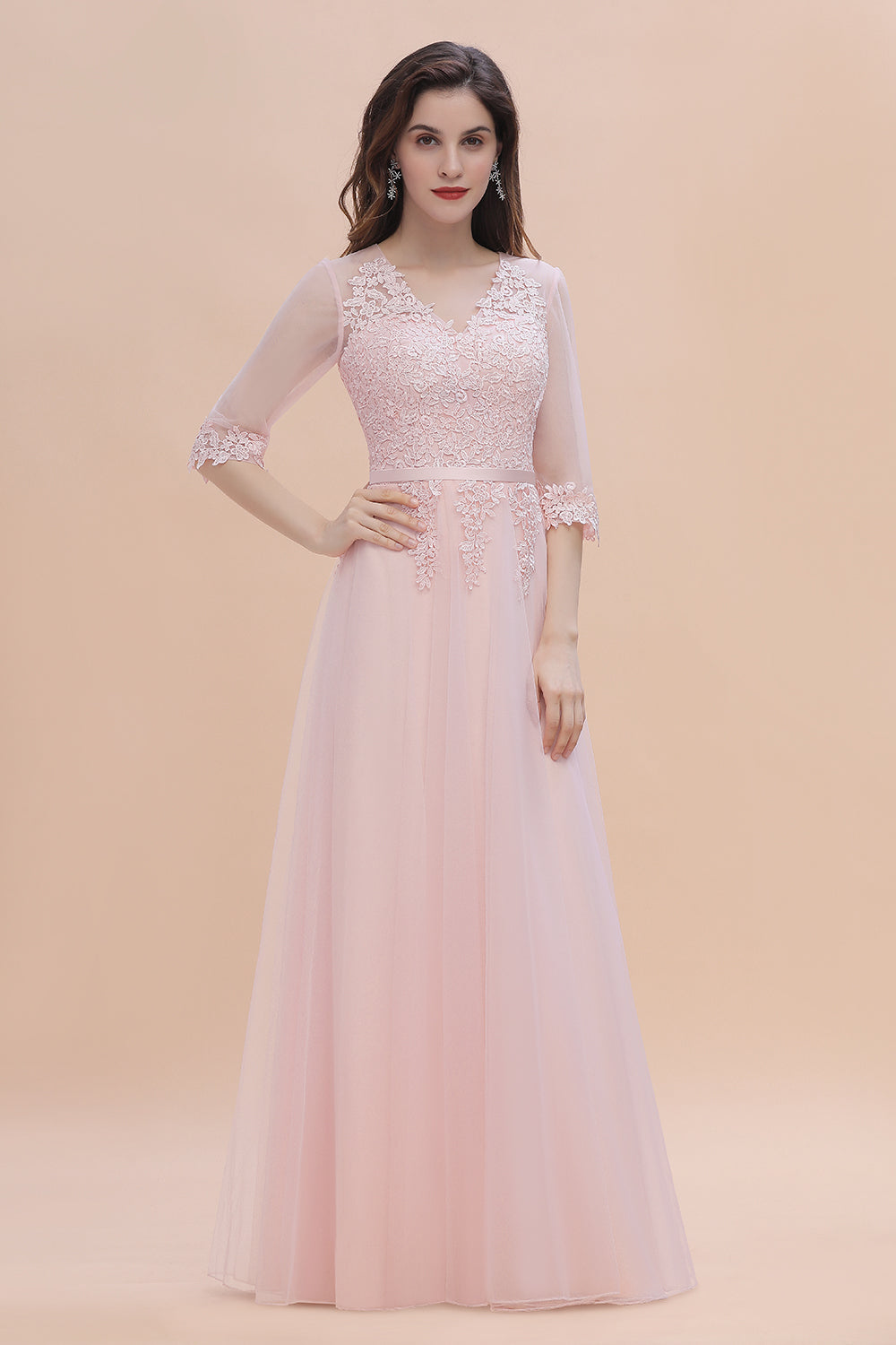 Elegant V-neck Half Sleeves Lace Pink Bridesmaid Dress On Sale-Babyonlines