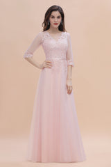 Elegant V-neck Half Sleeves Lace Pink Bridesmaid Dress On Sale-Babyonlines