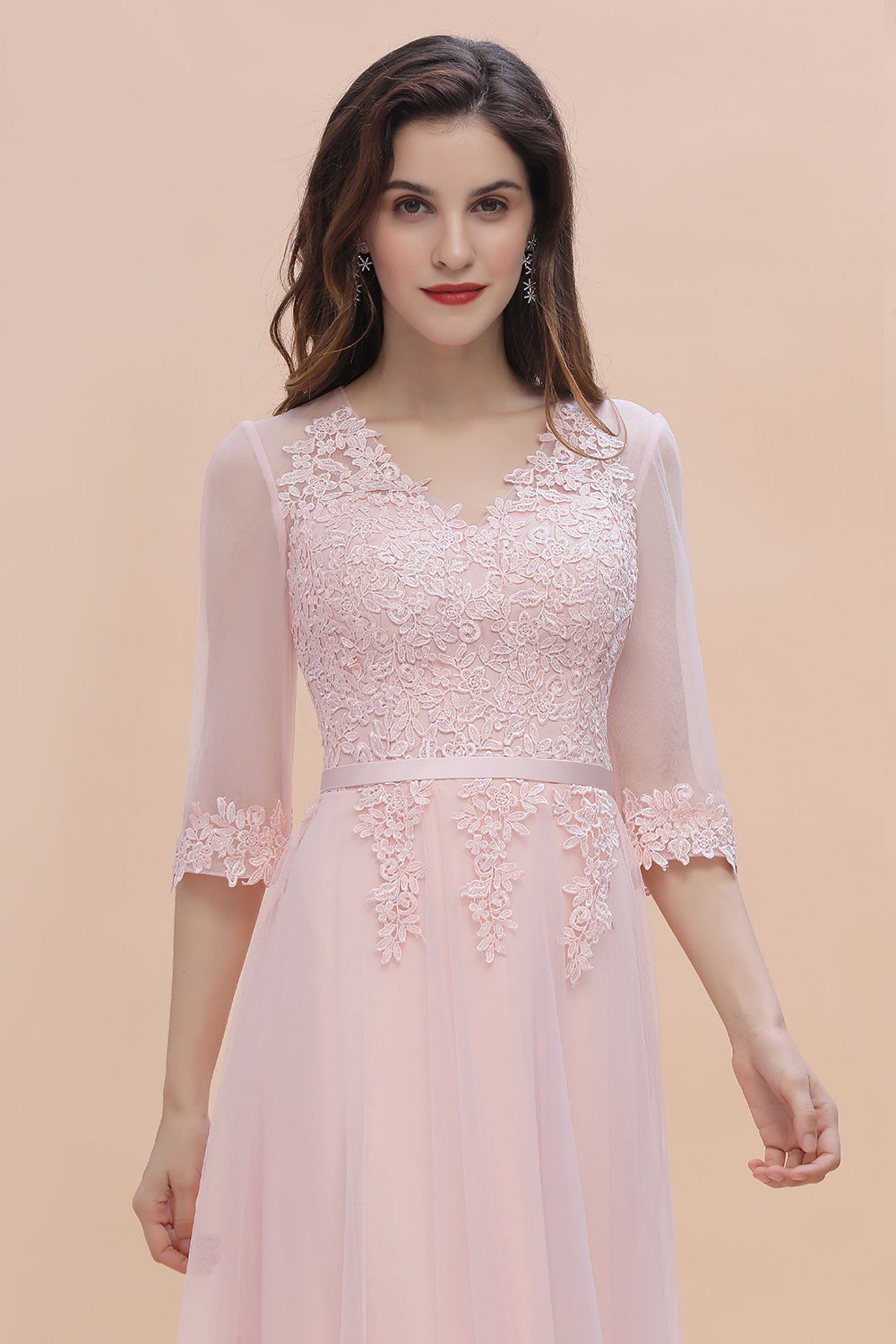 Elegant V-neck Half Sleeves Lace Pink Bridesmaid Dress On Sale-Babyonlines