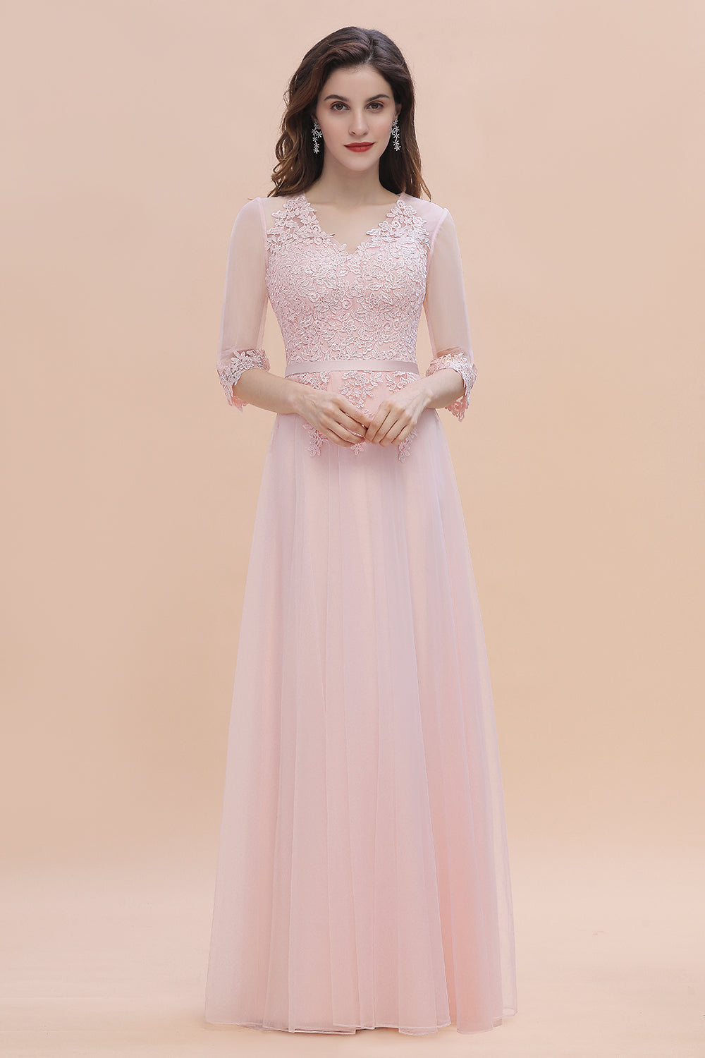 Elegant V-neck Half Sleeves Lace Pink Bridesmaid Dress On Sale-Babyonlines
